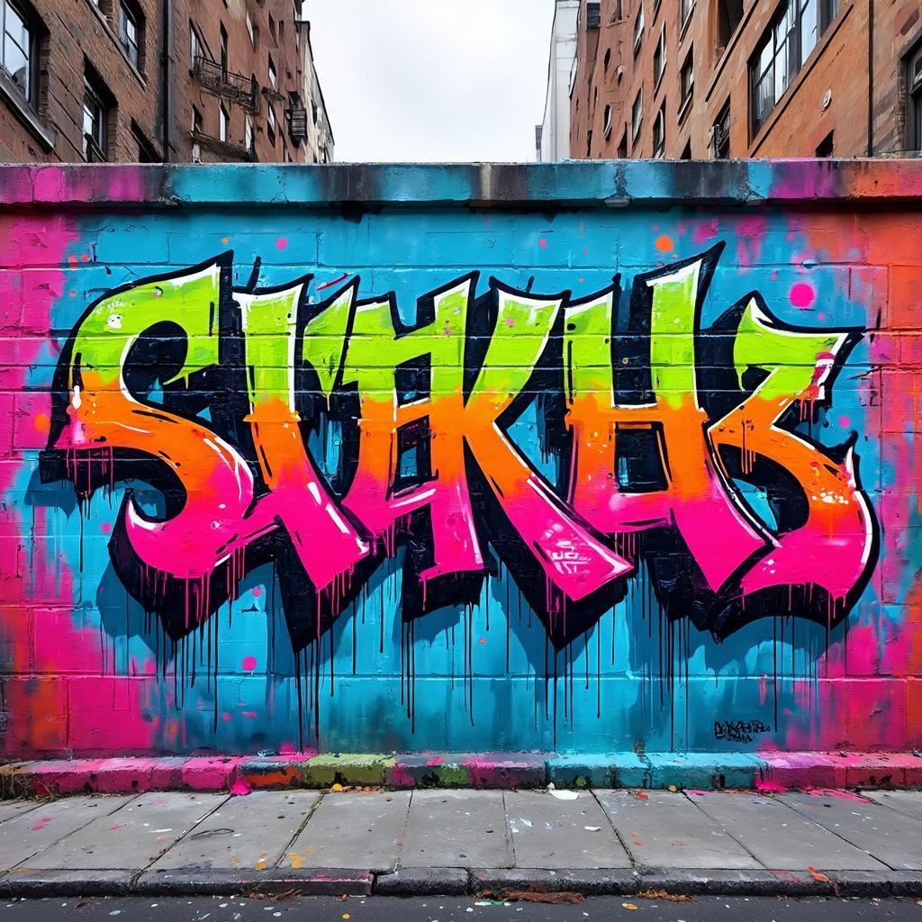 Colorful graffiti mural on brick wall
